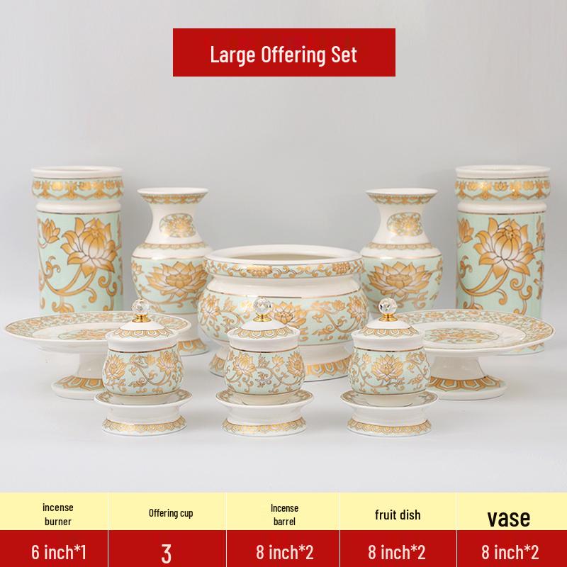 White Marble Buddhist Offering Set: Water Cup, Fruit Plate & Incense Burner.