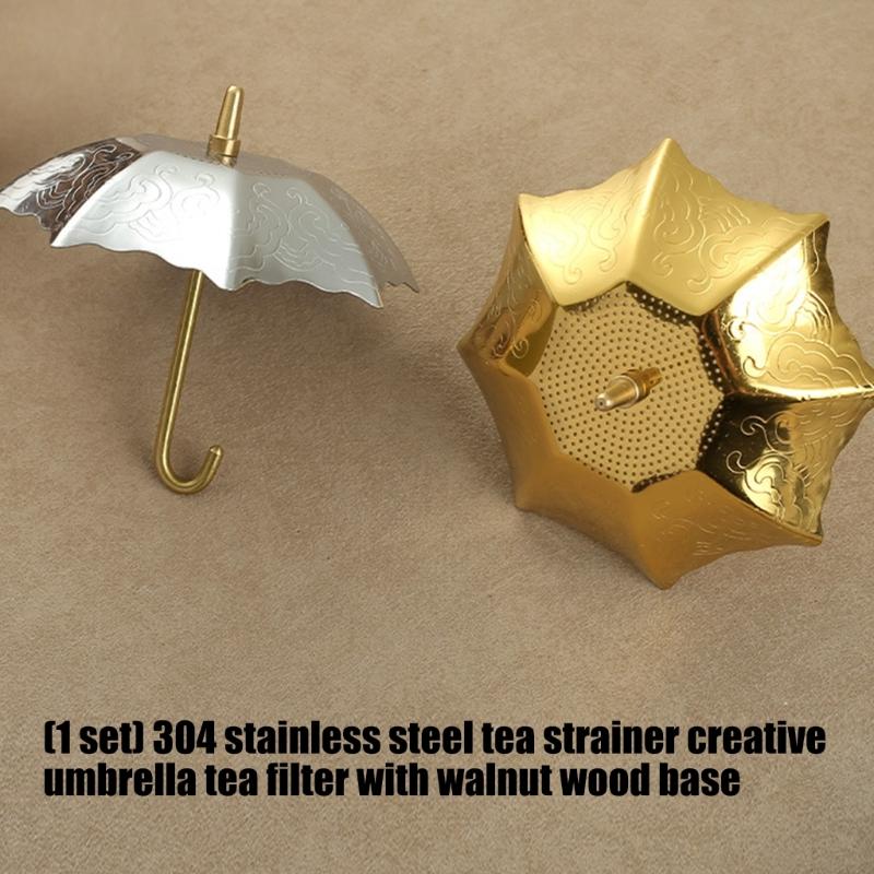 Tea Strainer for Cups and Teapots, Umbrella-Shape 304 Rustproof Steel Infuser Loose Leaf Filter with Wood Drip Rest Base