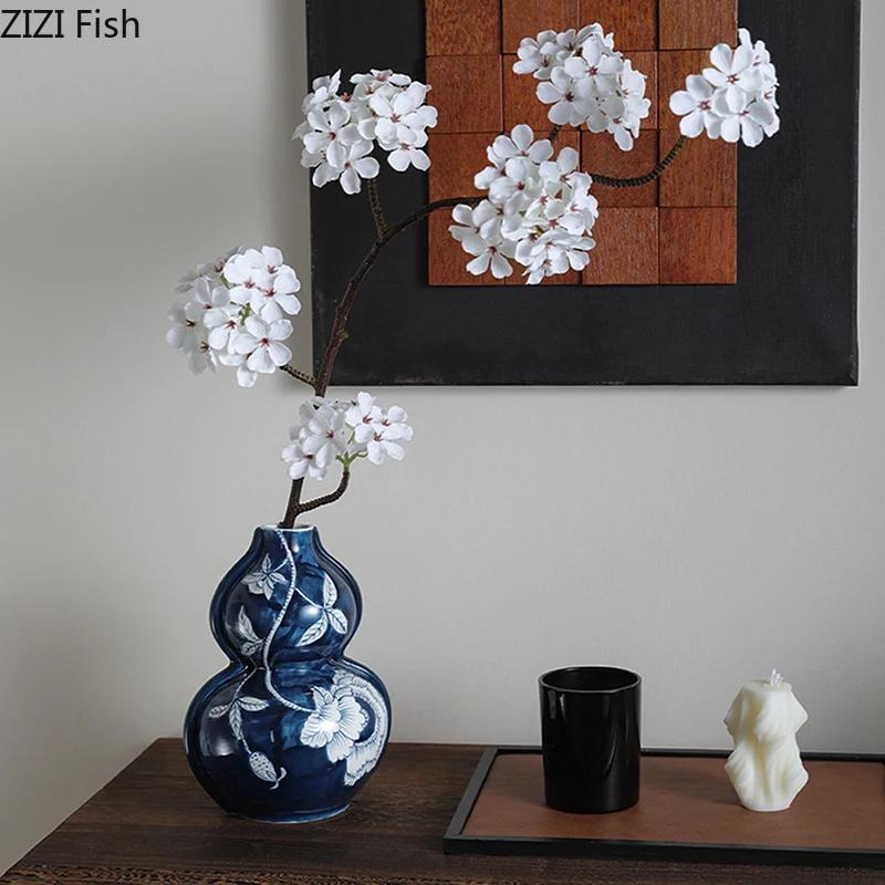 Flowers and Birds Pattern Blue Porcelain Vase Plant Pots Table Decoration Flowers Arrangement Floral Vases Room Aesthetic Decor