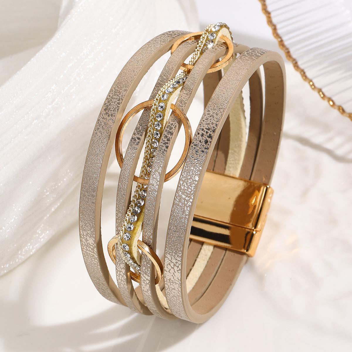 

Богемский плетеный браслет из искусственной кожи с переплетением - Дизайн тройного круга хаки