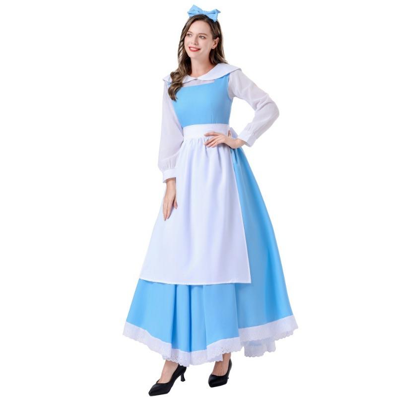 Halloween Princess Belle Cosplay Costume Belle Village Pastoral Dress Blue Maid Dress