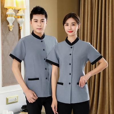 Hotel Housekeeping Uniform Women Slim Fit Top Stand Single Collar Short Sleeve Work Breasted Pockets Uniform Tops