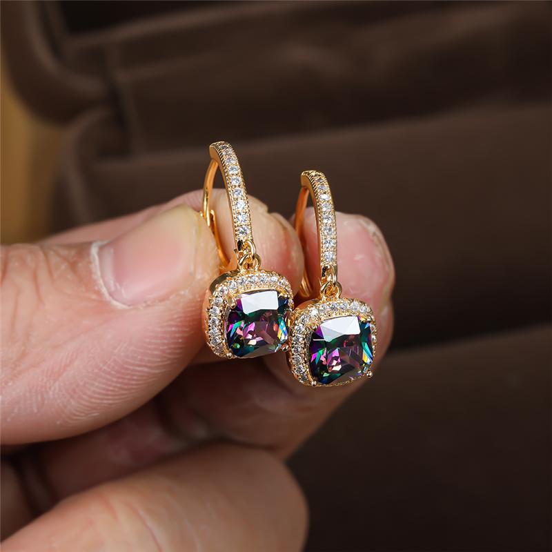 Luxury Female Square Crystal Rainb ow Stone Classic Gold Color Wedding  For Women Vintage Black Zircon Hoop Earrings