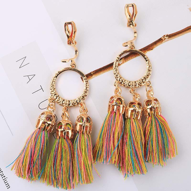 8 Trendy Bohemian Statement Tassel Clip On Earrings For Women Non Pierced Dangle Cotton Rope Fringe Clips Ear Jewelry Gift
