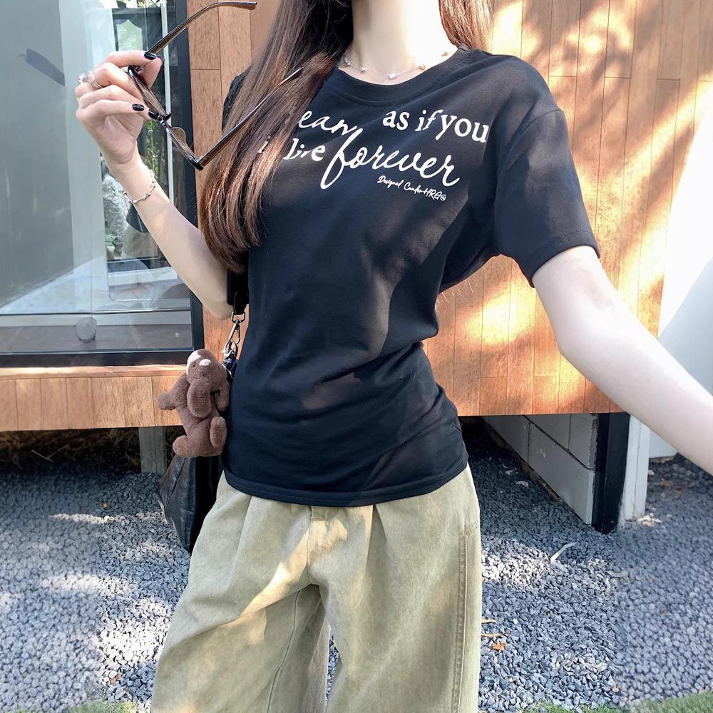 Chic Waist and Thin Letter Print Short-sleeved T-shirt Women's Summer New Casual Versatile Student Top Tide