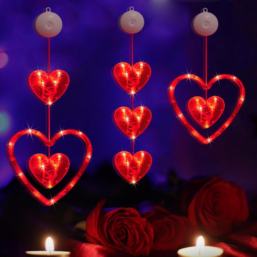 Homeleo 3-Pack Red Heart Window Lights for Valentine's Day Decor, Romantic Heart Shaped Hanging Lights w/Suction Cup for Wedding Anniversary Party