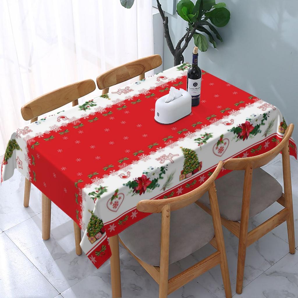 Christmas Red with Christmas Tree Rectangle Tablecloth Holiday Party Decor Waterproof Tablecloth for Table Christmas Decorations