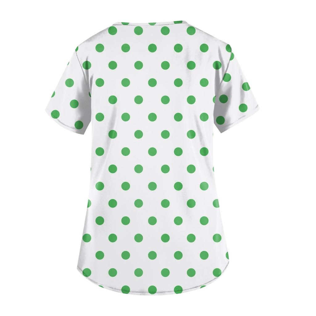 Plus Size Printed Scrub Working Uniform Tops For Women's V-Neck Short Sleeve Fun T-Shirts Workwear Tee With Pockets
