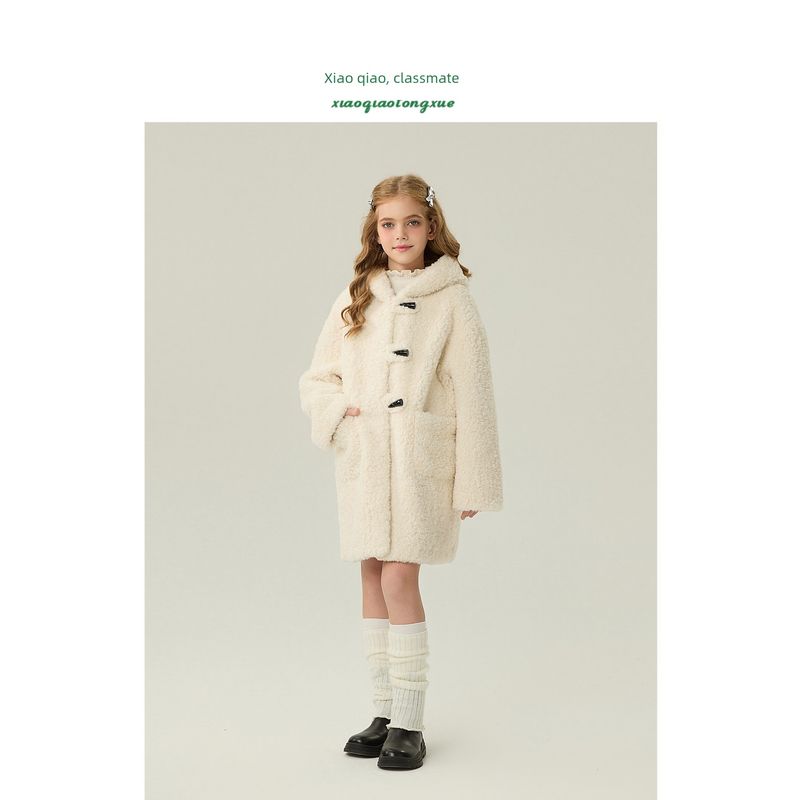 Children's Fur Coat 2025 Autumn and Winter New Style Girls' Imitation Lamb Wool Coat for Little Girls, Mid-Length Hooded