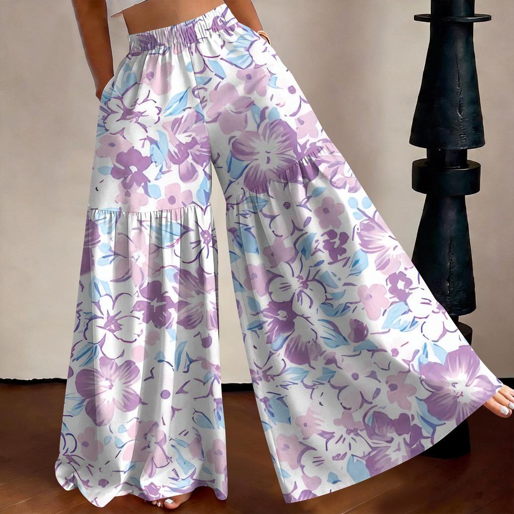 Women High Waist Loose Fit Lightweight Wide Leg Pants Vintage Floral Print Flowing Long Trousers Casual Relaxed Style
