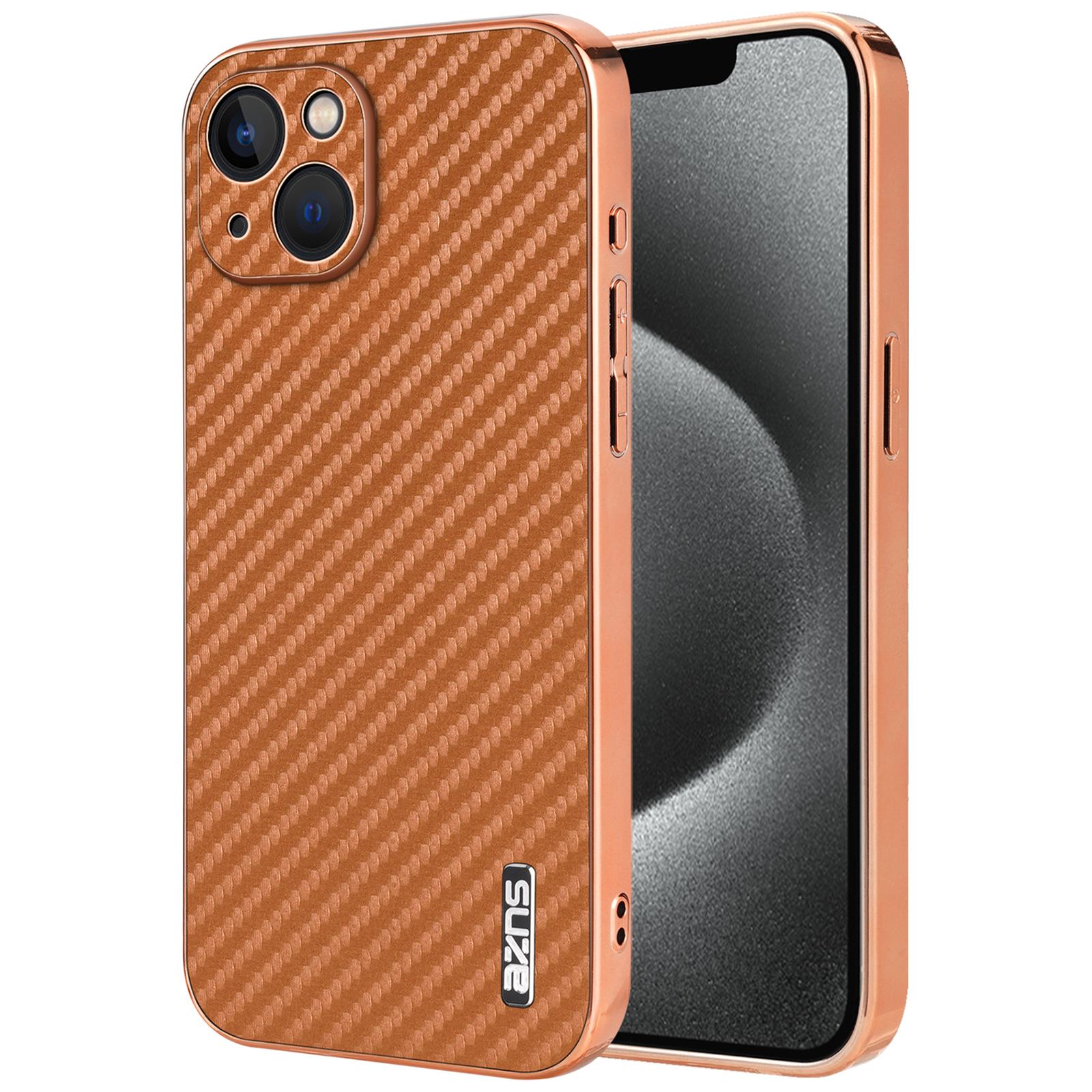 

AZNS For iPhone 13 Case Electroplating Carbon Fiber Texture PU+TPU Phone Cover Brown