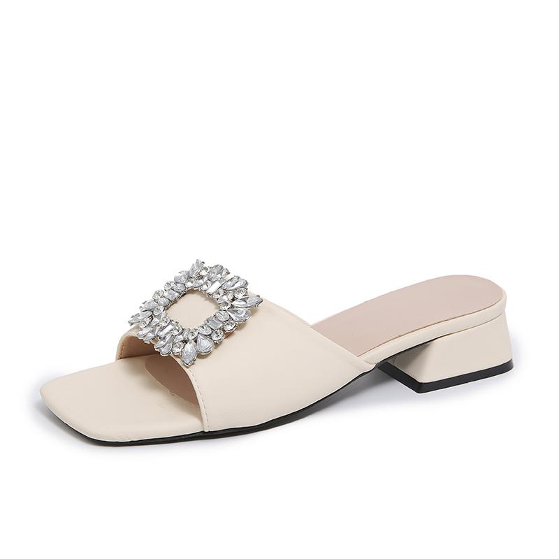 Fashion Women Sandals New Luxury Square Top Flat Slippers Rhinestones Summer Fashion Shoes Women Comfort Light High Heels Sandals Female