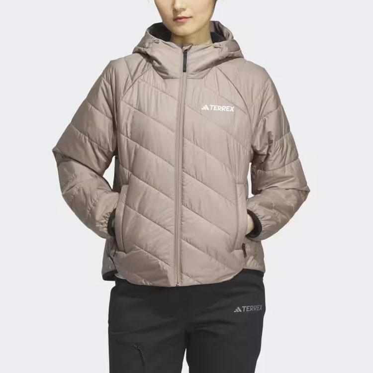 Adidas Lightweight Padded Jacket With Solid Color Logo Long Sleeve Hooded Coat Women Jacket Light-Brown IL9017