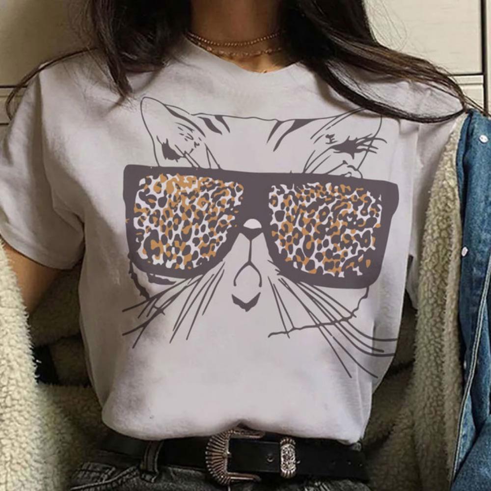 

Cat Print Daily Casual Women s Short Sleeve Summer Loose Sports Breathable T-shirt New Street Fashion Crew-Neck T-shirt XS-6XL 6XL