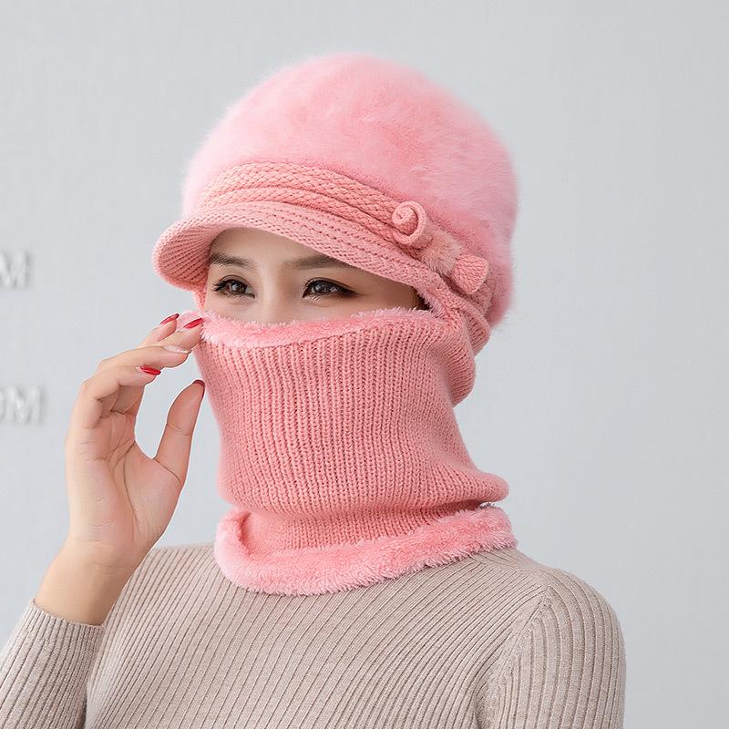 Middle aged mother rabbit fur scarf one-piece hat female winter cycling plush wool old man hat scarf warm