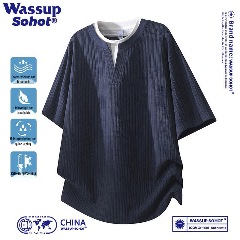 Wassup Sohot Men s Fake Two-Piece V-Neck Short Sleeve T-Shirt M