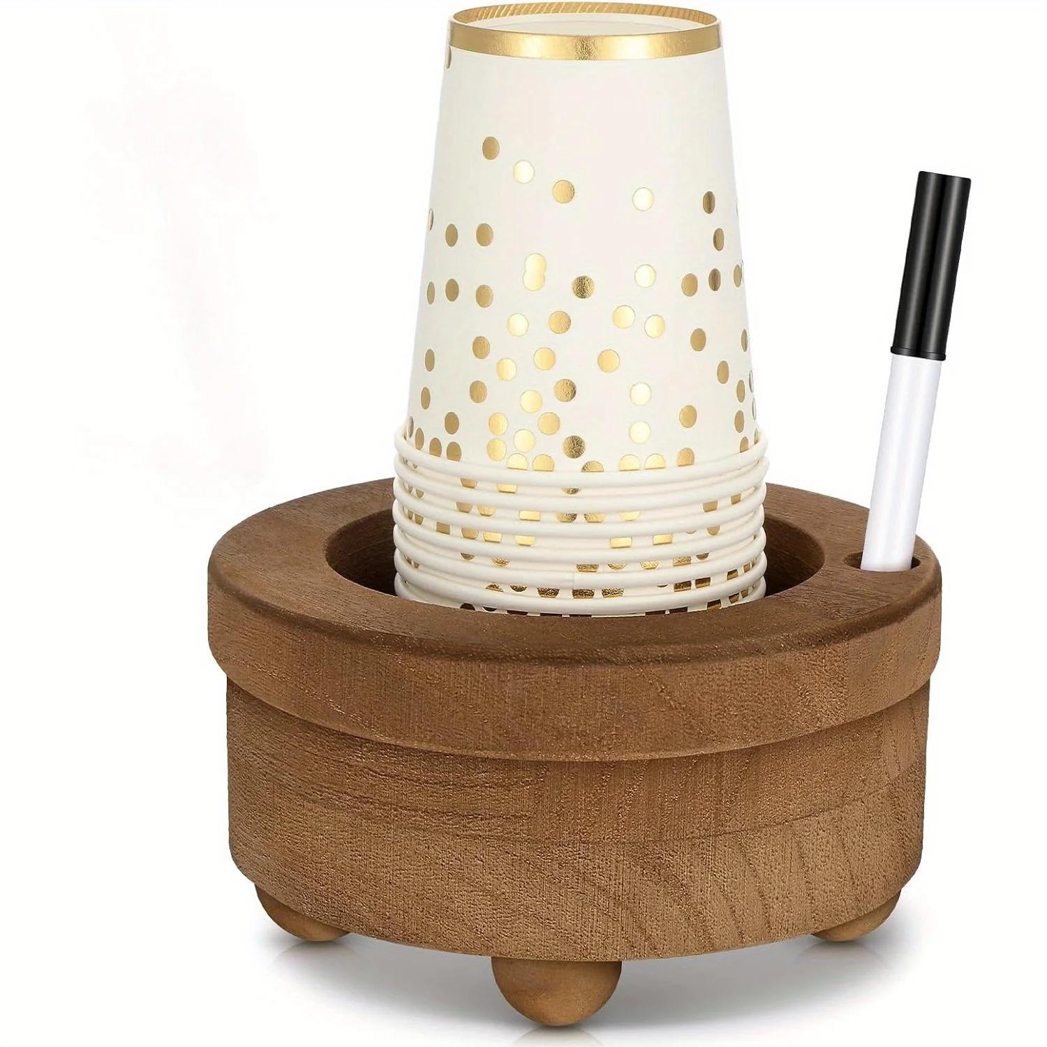 

Wooden Cup Holder with 2 Marker Slot Brown Cup Holder for Party Decoration Bathroom, Mark Your Cup and Drink Up Cup Holder Wood Color