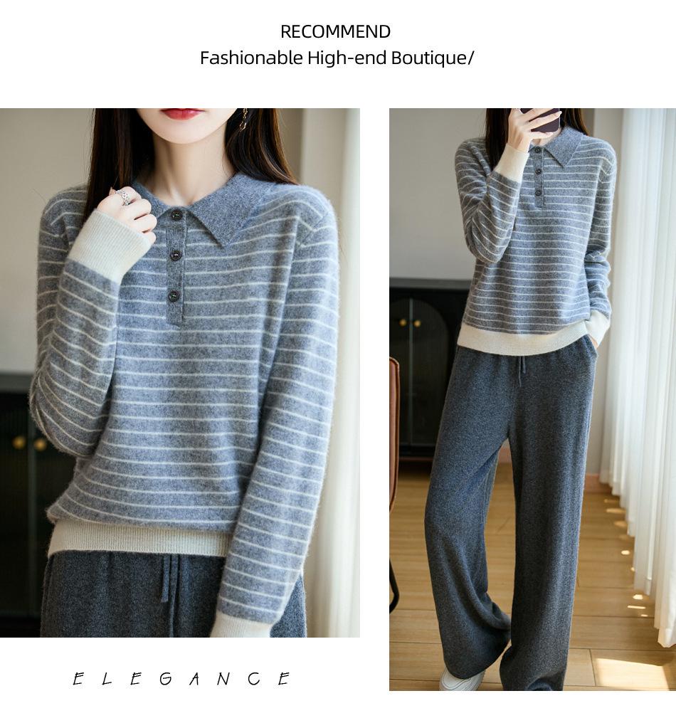 Women's Striped Color Block Polo Neck Knit Sweater - Long Sleeve, Autumn/Winter Top