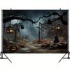 A Halloween photography background with a terrifying pattern of dead trees, pumpkins, and demons in the foggy forest