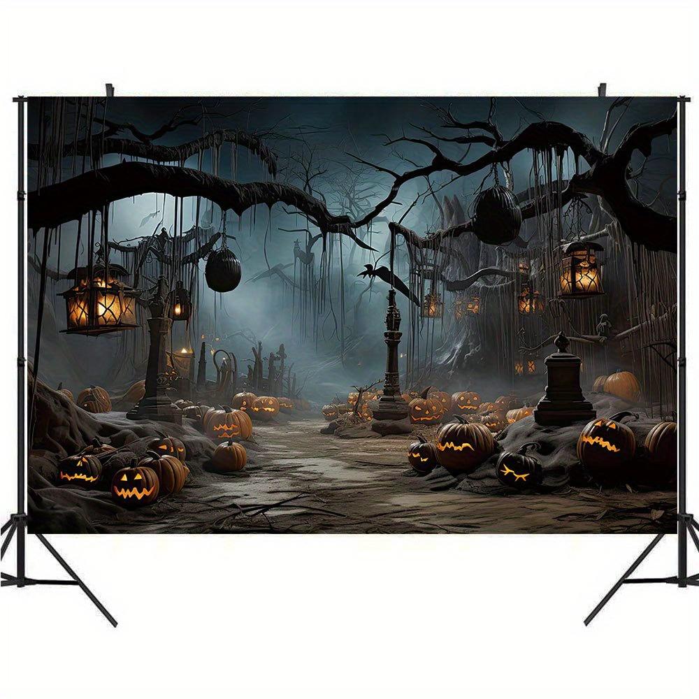 A Halloween photography background with a terrifying pattern of dead trees, pumpkins, and demons in the foggy forest