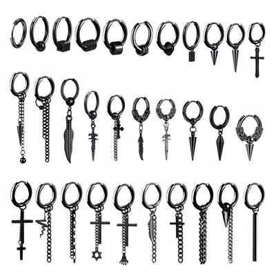 Punk Black Hoops Earrings For Woman Men's Stainless Steel Long Dangle Cross Chain Party Statement Earring Piercing Ear Jewelry