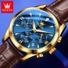 OLEVS Originální pánské hodinky s chronografem a fází Měsíce, kožený řemínek, vodotěsné, luminiscenční, luxusní značka, křemenné náramkové hodinky pro muže