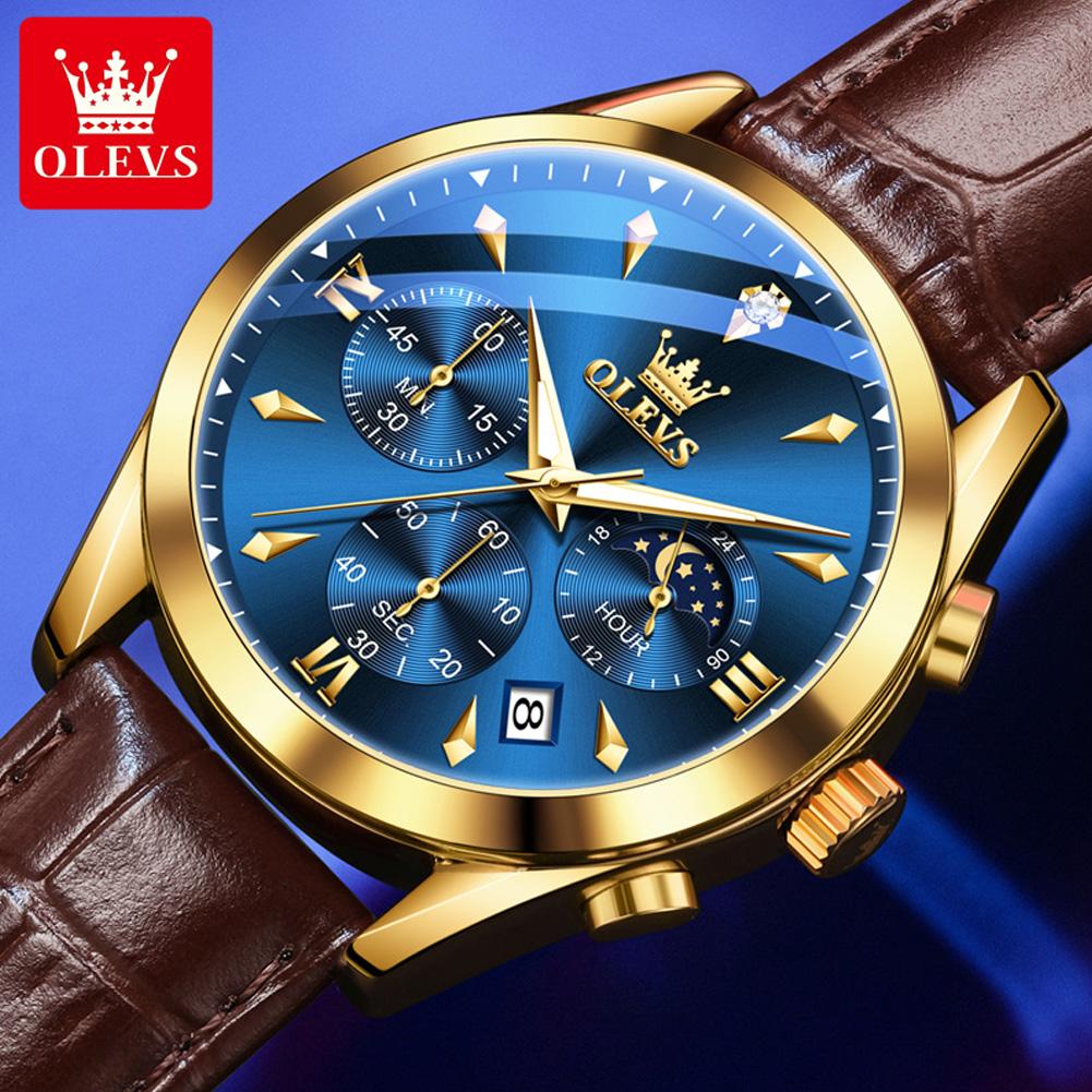 OLEVS Original Moon Phase Chronograph Man Watch Leather Strap Waterproof Luminous Luxury Brand Quartz Wrist Watches for Men