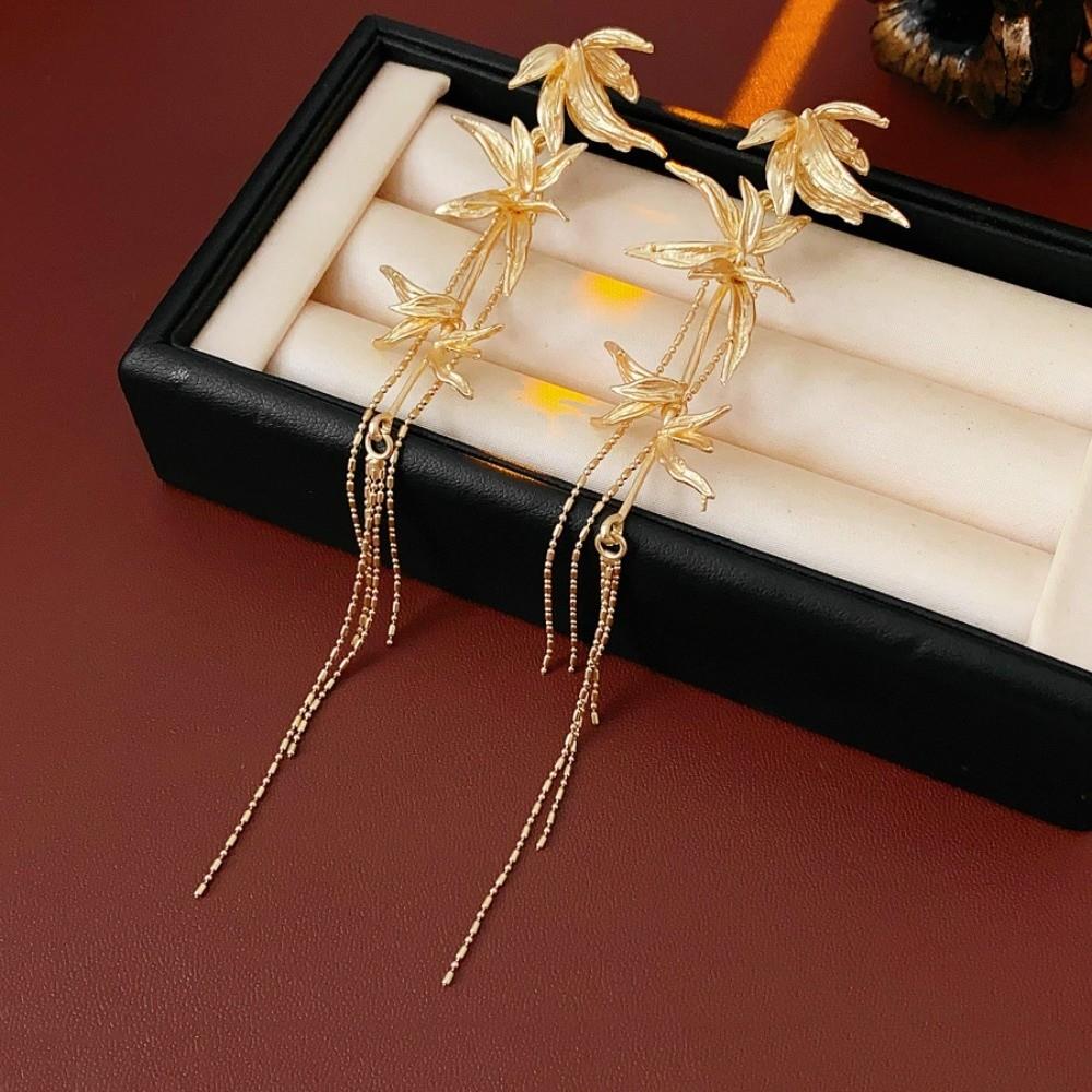 Chinese Ancient Style Bamboo Leaf Earrings Zinc Zinc Alloy Ear Jewelry Long Tassel Dangle Earrings  Party