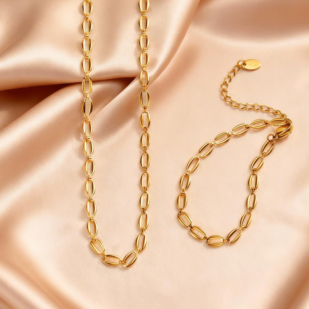18K Gold Plated Hollow Oval Link Chain Stainless Steel Bracelets for Women, Minimalist Waterproof Elegant Jewelry Set Gifts