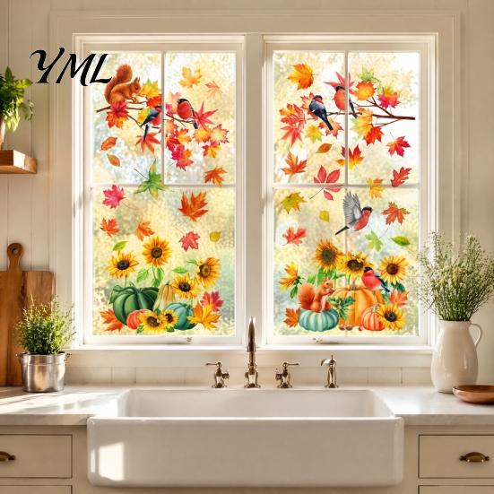 PVC Festive Window Stickers Autumn Harvest Decals, Sunflower Maple Leaf Pumpkin Bird Static Cling Stickers, Decorative Autumnal Wall Murals