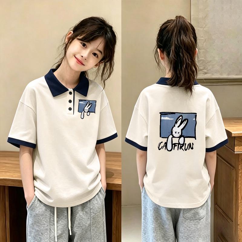 Girls' Cartoon Cotton Polo Shirt - Summer Lapel Short Sleeve for Ages 6-15