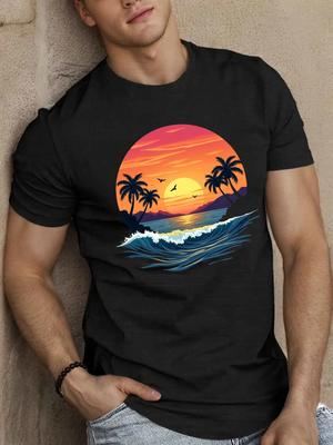 Sunset Palm Tree Seascape Graphic Men’s T-Shirt Tropical Summer Beach Tee