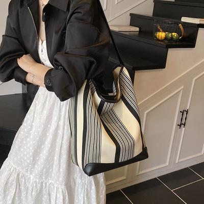 Canvas Splicing New Summer Large-capacity Bucket Bag Women's Commuting Fashion Simple Casual Retro Shoulder Bag Bag