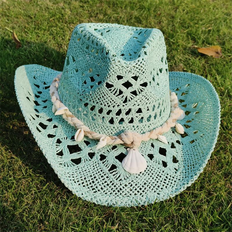 Cowboy Straw Hat for Women Fashion Seashell Straw Cowboy Hat Beach Summer Cowboy Sunshade Jazz Hat Sombrero Vaquero Hombre