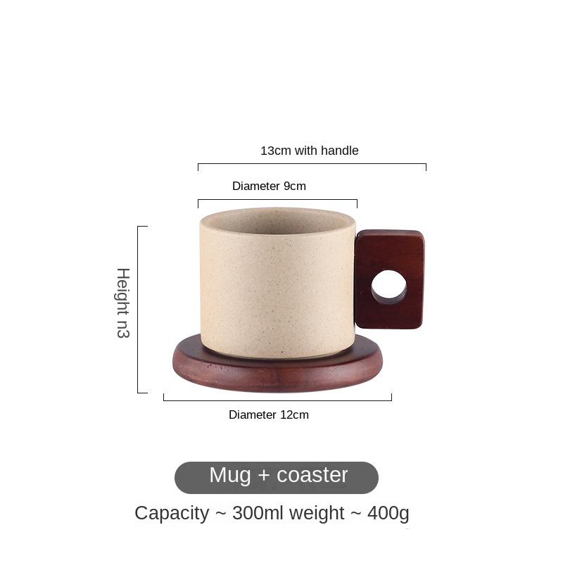 Vintage Ceramic Wooden Handle Coffee Cup with Tray Antique 300ml Tea Cup Home Office Mug Birthday Gift Breakfast Mug Home Decor