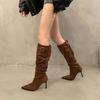 Pleated Faux Suede Knee-High Boots Women Fashion Buckle Pointed Slip-On Western Cowboy Boots Woman Thin Heels Long Botas Mujer
