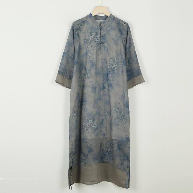 

Johnature Women A-Line Print Floral Dresses Stand Seven Sleeve Spring Button Chinese Style Dresses XL синий