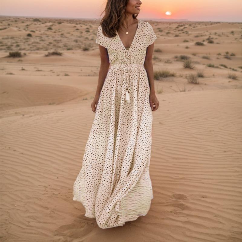 

Стильное летнее платье с V-образным вырезом и коротким рукавом, длинное платье в горошек в стиле бохо на праздники XXXL