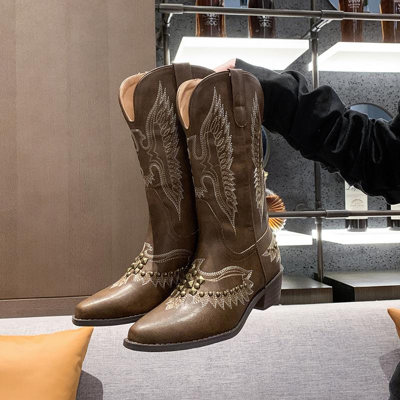 New Style Women's Thick Heel Women Embroidery Western Cowboy Boots Fashion Rivet Slip On Long Booties Autumn Winter Female Shoes
