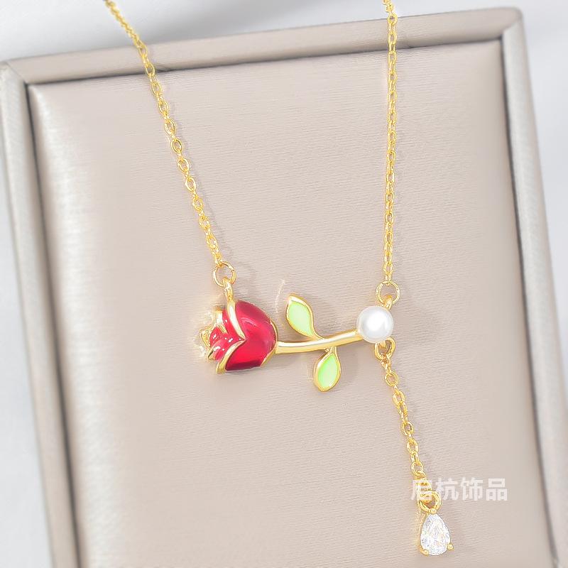 Rose Necklace Women'S Light Luxury Simple Versatile Fresh Natural Flower Pendant Clavicle Chain Accessories