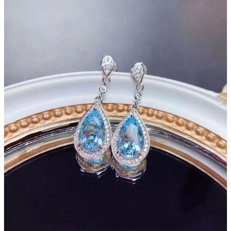 Natural Topaz Hoop Earrings Female Bule Stone Sterling Silver 925 Earrings for Women Big Topaz Earrings Valentiner's Day Gift