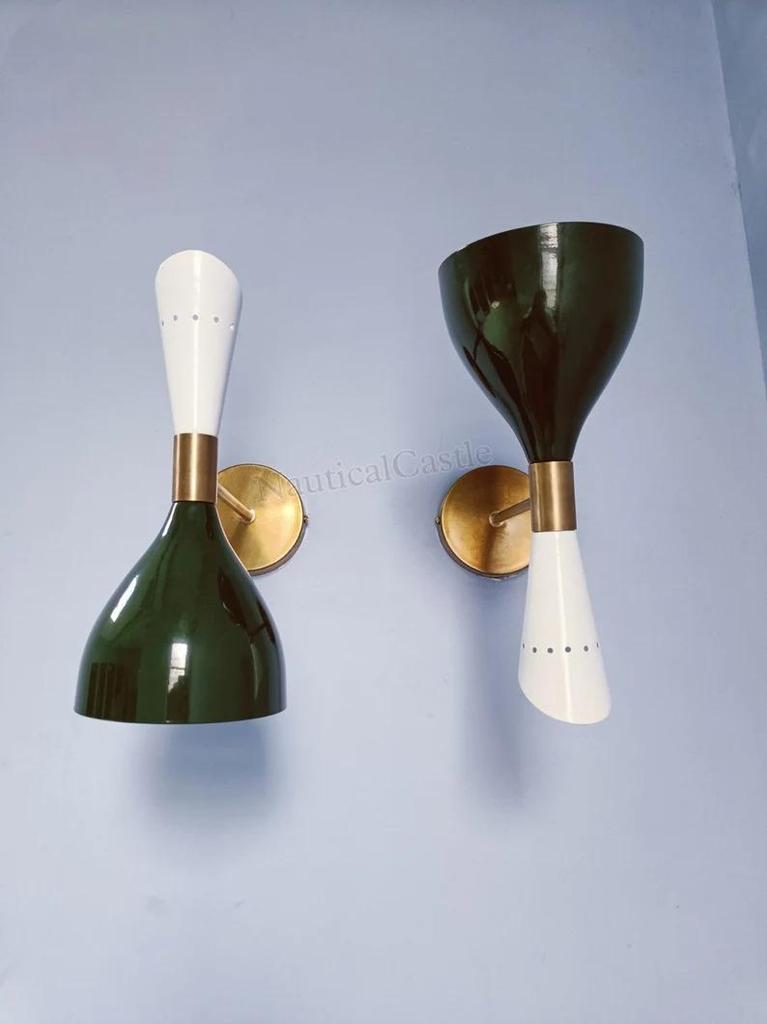 1950s Italian Brass Wall Sconce Pair: Mid-Century Malachite Green Diablo Lights