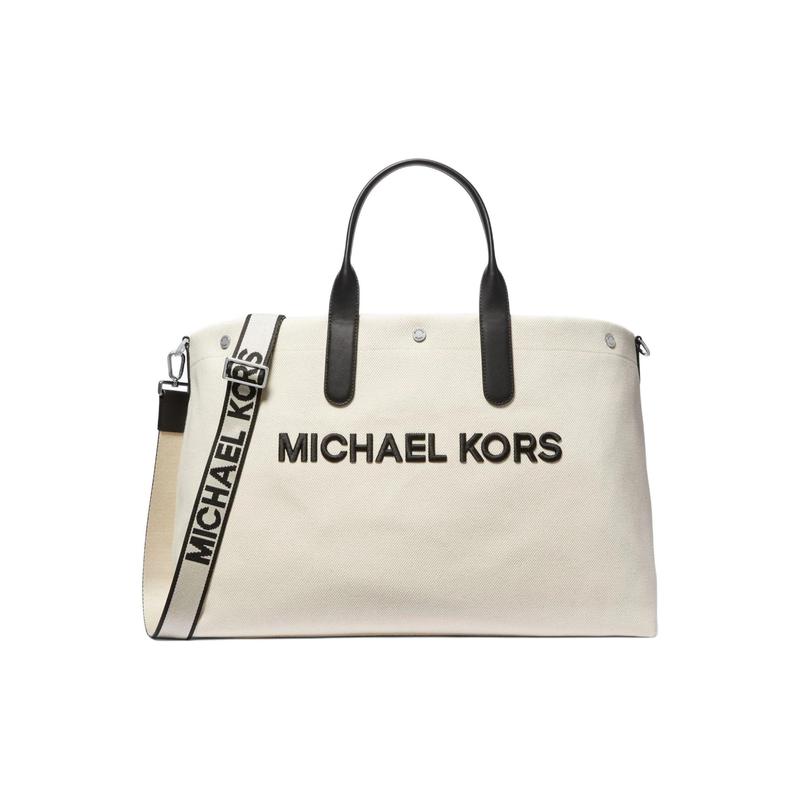 MICHAEL KORS Brooklyn Letter Logo Fabric Split Cow Leather Tote Bag Tote Bag Shopping Bag Shoulder Crossbody Handbag Men's Natural Color with Black
