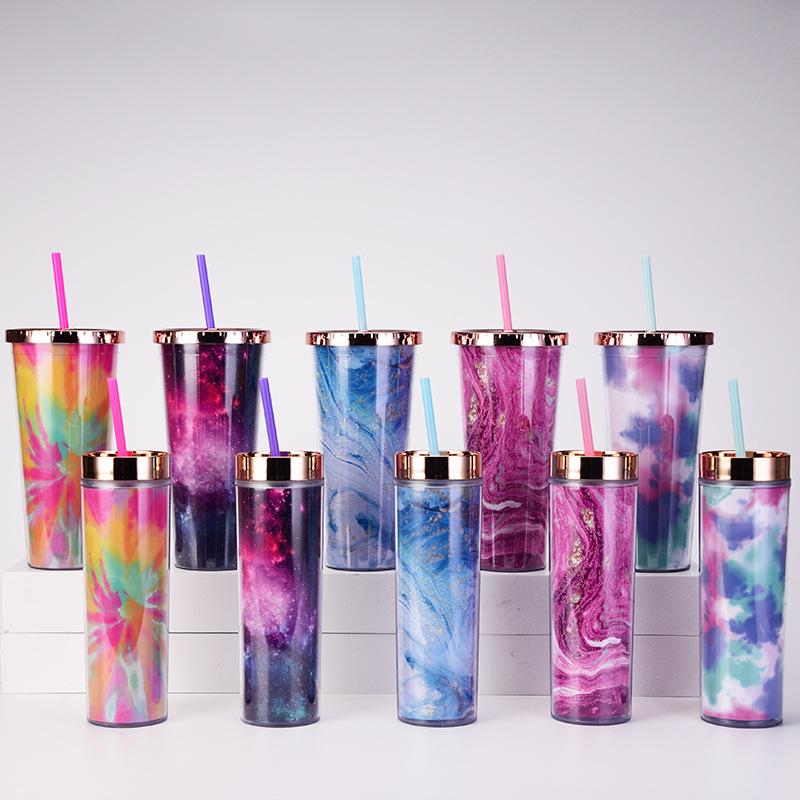 Tie-Dye Straw Cup 24Oz Double-Layer Plastic Water Cup Can Be Customized Creative Paper Card Diy