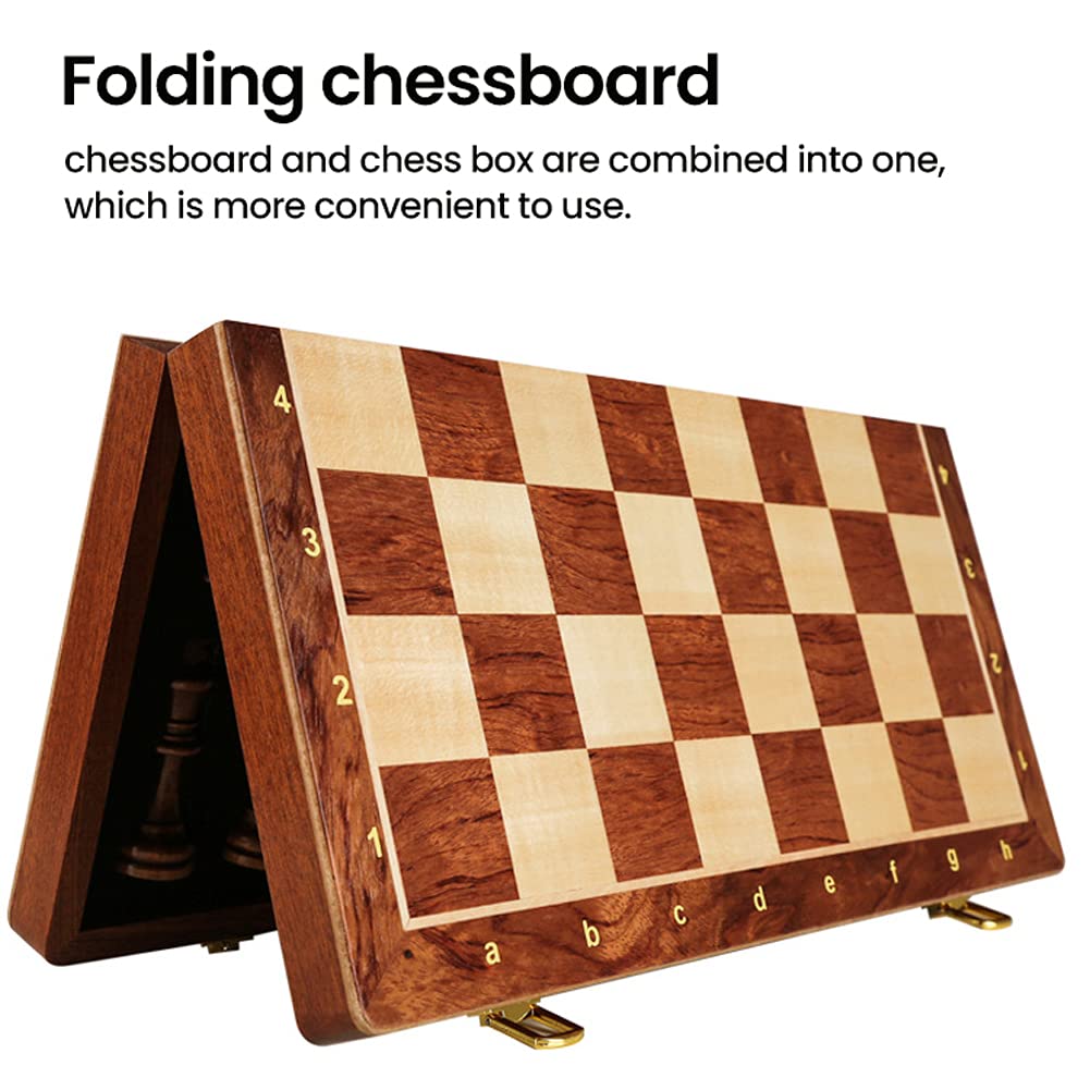 HEIYE Wooden Chessboard International Chess Game Folding Chessboard with Crafted Chess Pieces and Storage Slots for Kids and Adults Set, 15-inch