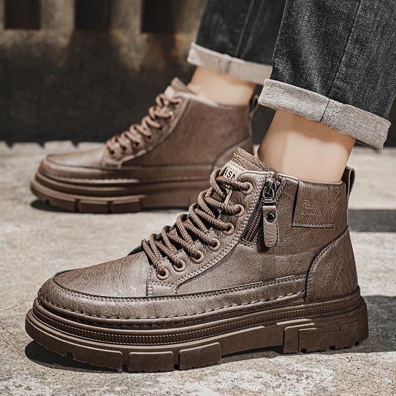 Fashion Casual Shoes for Men Outdoor Leather Board Shoes Comfortable Platform Ankle Short Boots Slip on Male Walking Sneakers