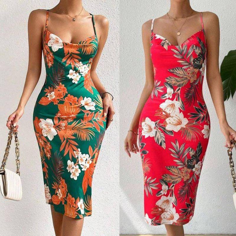 

Cross-Border Foreign Trade European and American Women s Clothing Amazon Independent Station 2025 Summer Sexy Side Slit Printing Slip Dress Green S