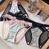 Lady Spring and Summer Sexy Leopard Print Mesh Lace Bow Satin Hollow Cross Thin Belt Briefs