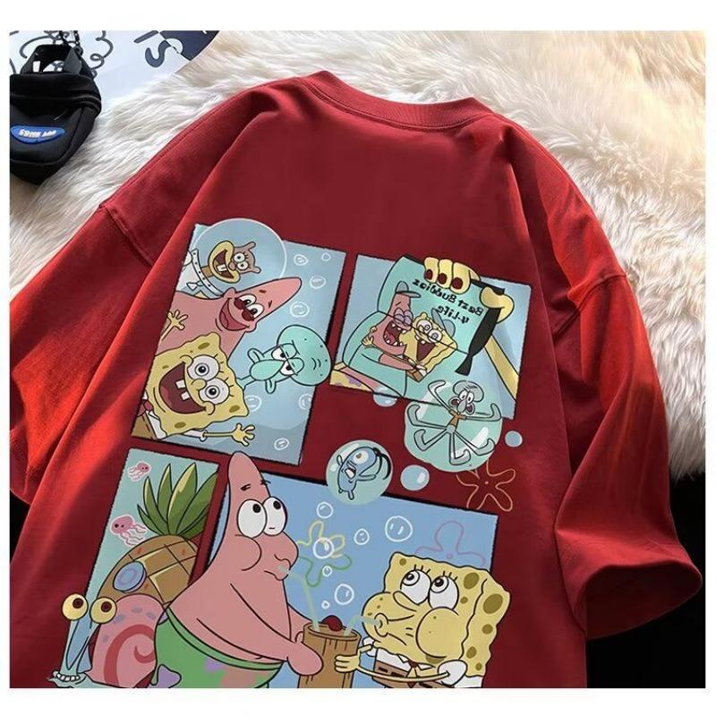 

Футболка з коротким рукавом Губка Боб Квадратні Штани Чоловіча Літня Біла Топ Студентська Футболка з круглим вирізом Рукав три чверті M червоний