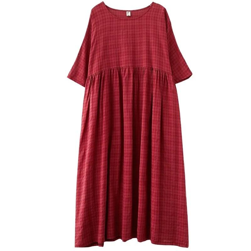 Robe d'été longue et décontractée en coton à manches courtes et à carreaux vintage pour femme, grande taille